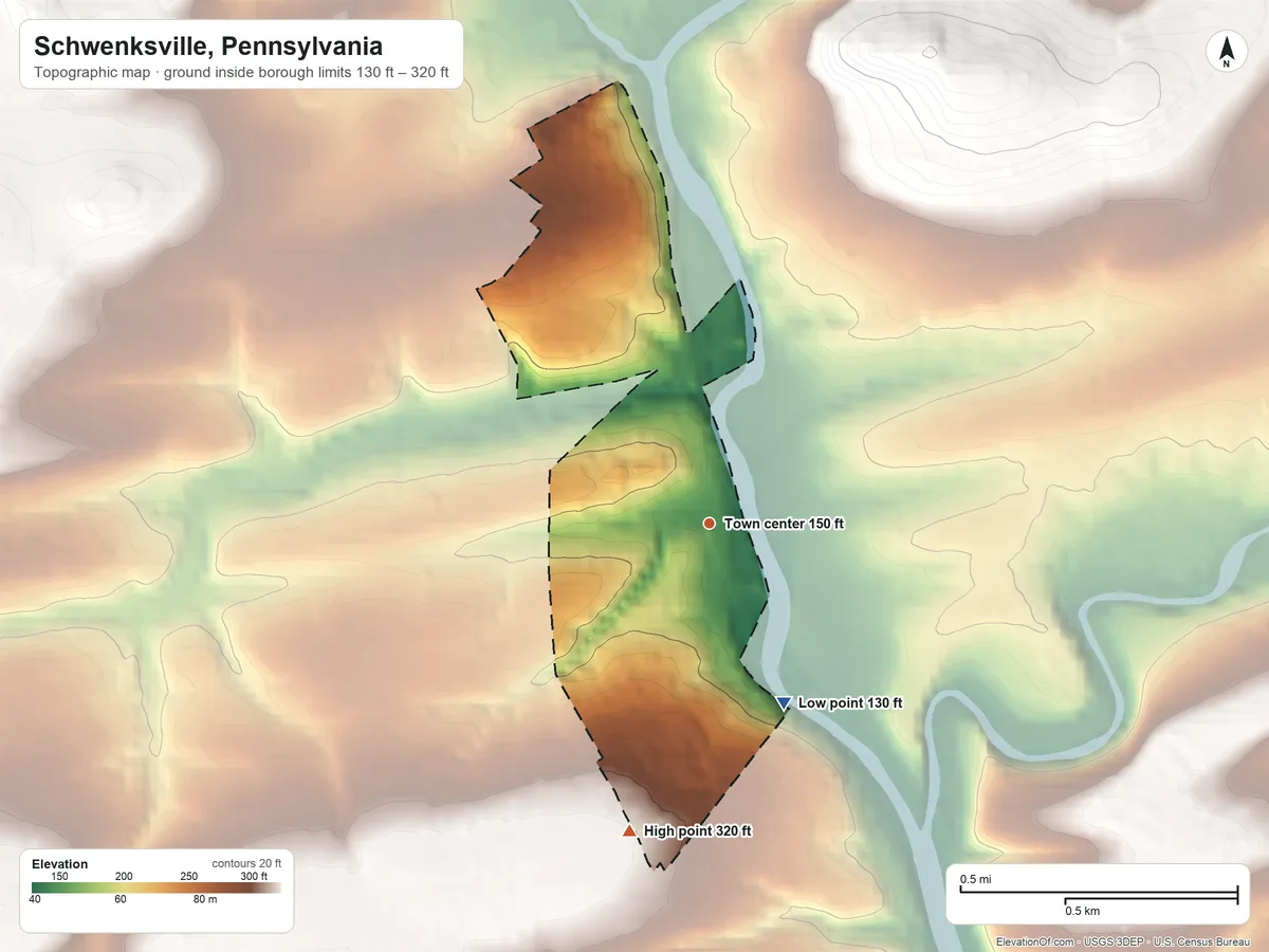 Topographic elevation map of Schwenksville, Pennsylvania, shaded from 130 ft on the south side to 320 ft on the south side