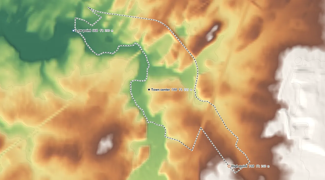 Topographic elevation map of Scotland, Pennsylvania, shaded from 660 ft on the northwest side to 780 ft at the foot of the South Mountain
