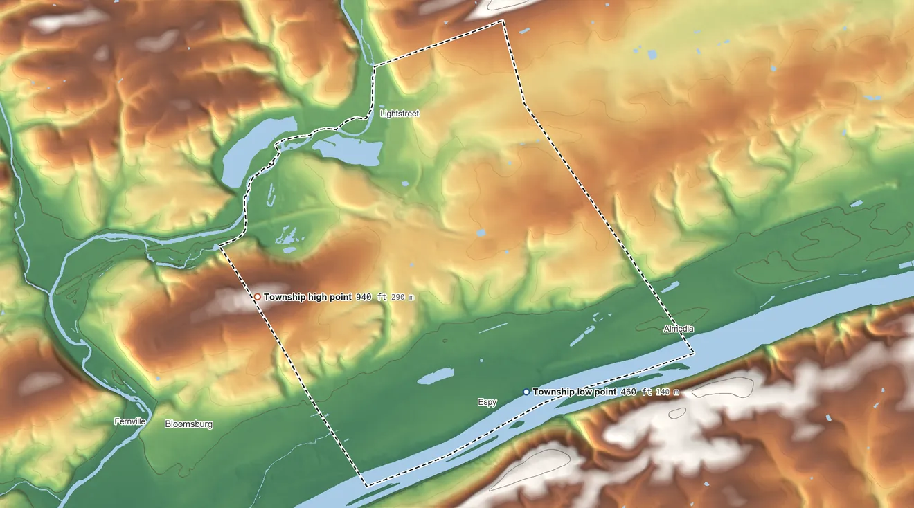 Topographic elevation map of Scott Township, Columbia County, Pennsylvania, shaded from 460 ft on the southeast side to 940 ft on Turkey Hill