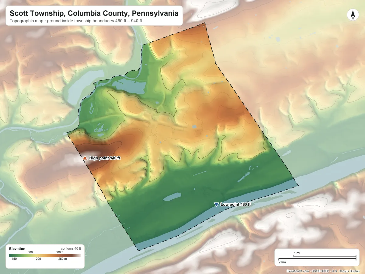 Topographic elevation map of Scott Township, Columbia County, Pennsylvania, shaded from 460 ft on the southeast side to 940 ft on Turkey Hill