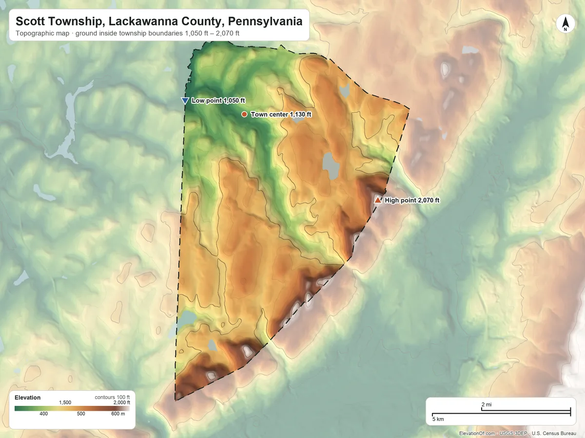 Topographic elevation map of Scott Township, Lackawanna County, Pennsylvania, shaded from 1,050 ft on the west side to 2,070 ft on Cary Mountain