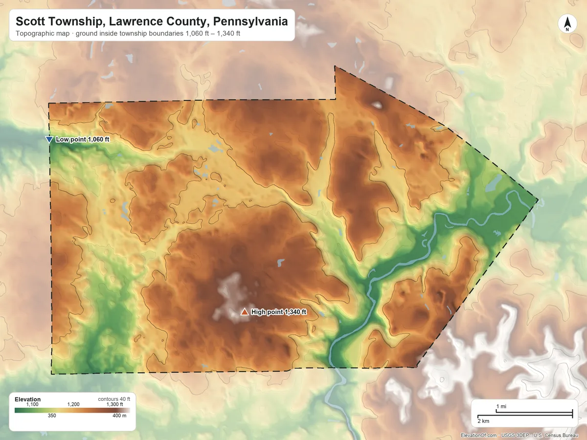 Topographic elevation map of Scott Township, Lawrence County, Pennsylvania, shaded from 1,060 ft on the northwest side to 1,340 ft on the south side