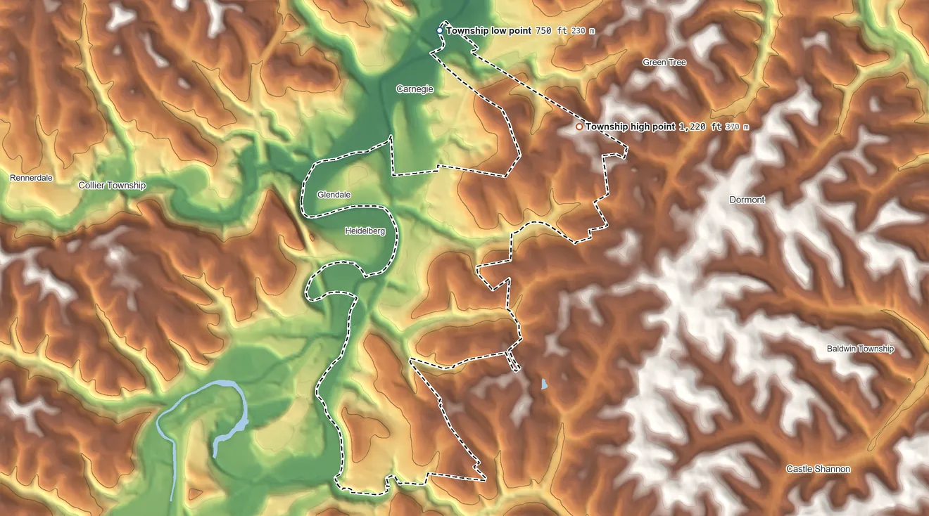 Topographic elevation map of Scott Township, Pennsylvania, shaded from 750 ft on the north side to 1,220 ft on the northeast side