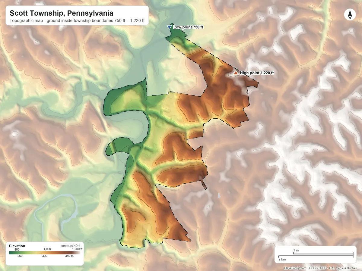 Topographic elevation map of Scott Township, Pennsylvania, shaded from 750 ft on the north side to 1,220 ft on the northeast side