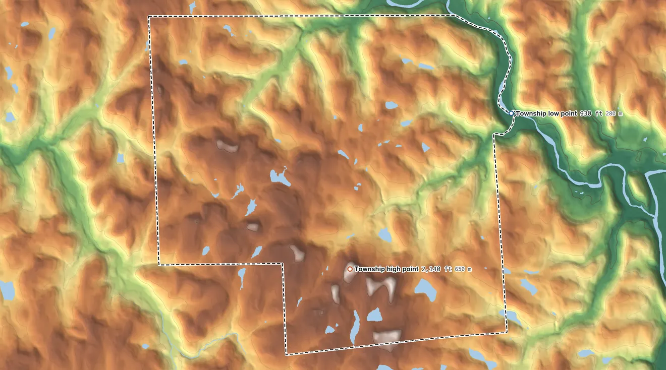 Topographic elevation map of Scott Township, Wayne County, Pennsylvania, shaded from 930 ft on the east side to 2,140 ft on Shrawder Mountain