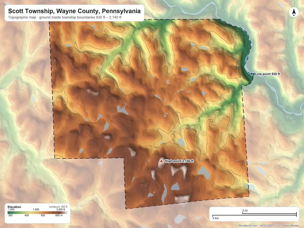 Topographic elevation map of Scott Township, Wayne County, Pennsylvania, shaded from 930 ft on the east side to 2,140 ft on Shrawder Mountain