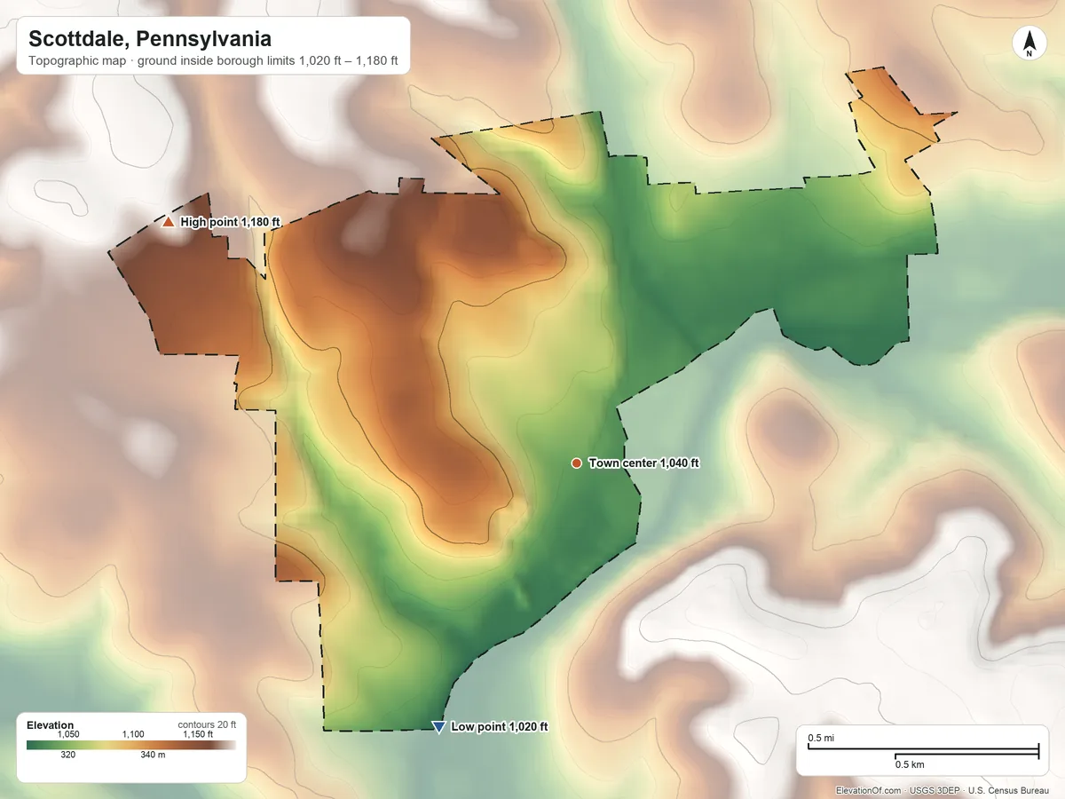 Topographic elevation map of Scottdale, Pennsylvania, shaded from 1,020 ft on the southwest side to 1,180 ft on the northwest side