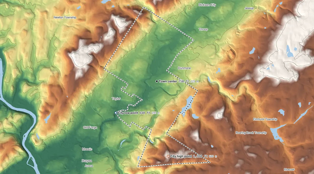Topographic elevation map of Scranton, Pennsylvania, shaded from 640 ft on the southwest side to 1,980 ft on the south side