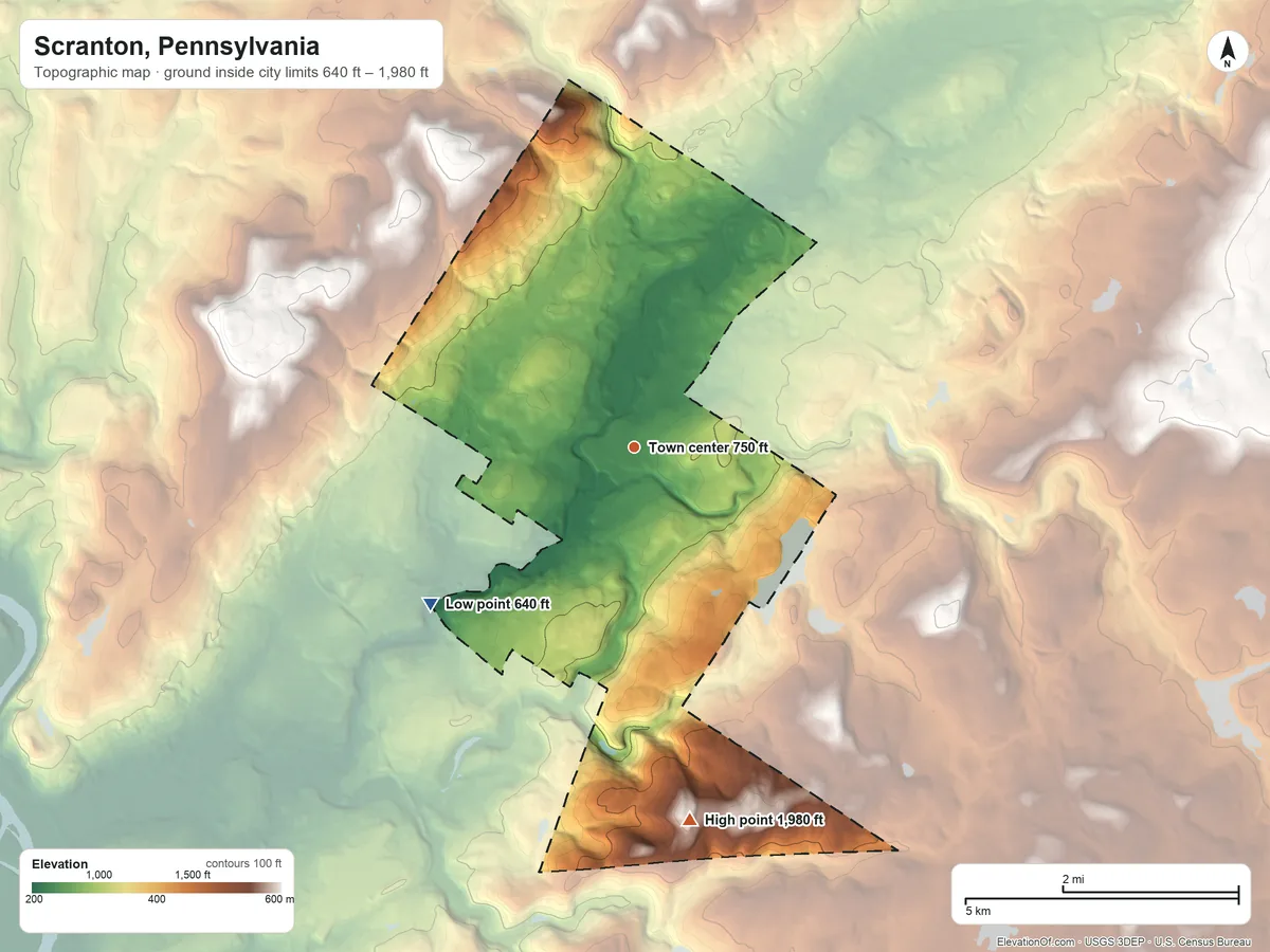 Topographic elevation map of Scranton, Pennsylvania, shaded from 640 ft on the southwest side to 1,980 ft on the south side