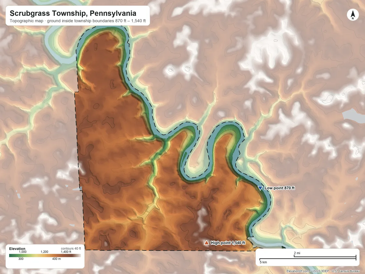 Topographic elevation map of Scrubgrass Township, Pennsylvania, shaded from 870 ft on the east side to 1,540 ft on the southeast side