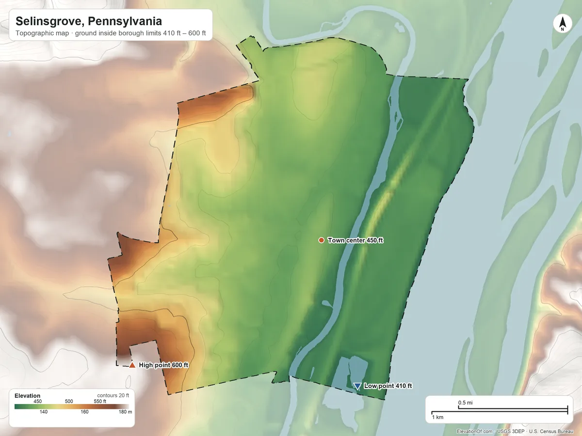 Topographic elevation map of Selinsgrove, Pennsylvania, shaded from 410 ft on the south side to 600 ft on the southwest side