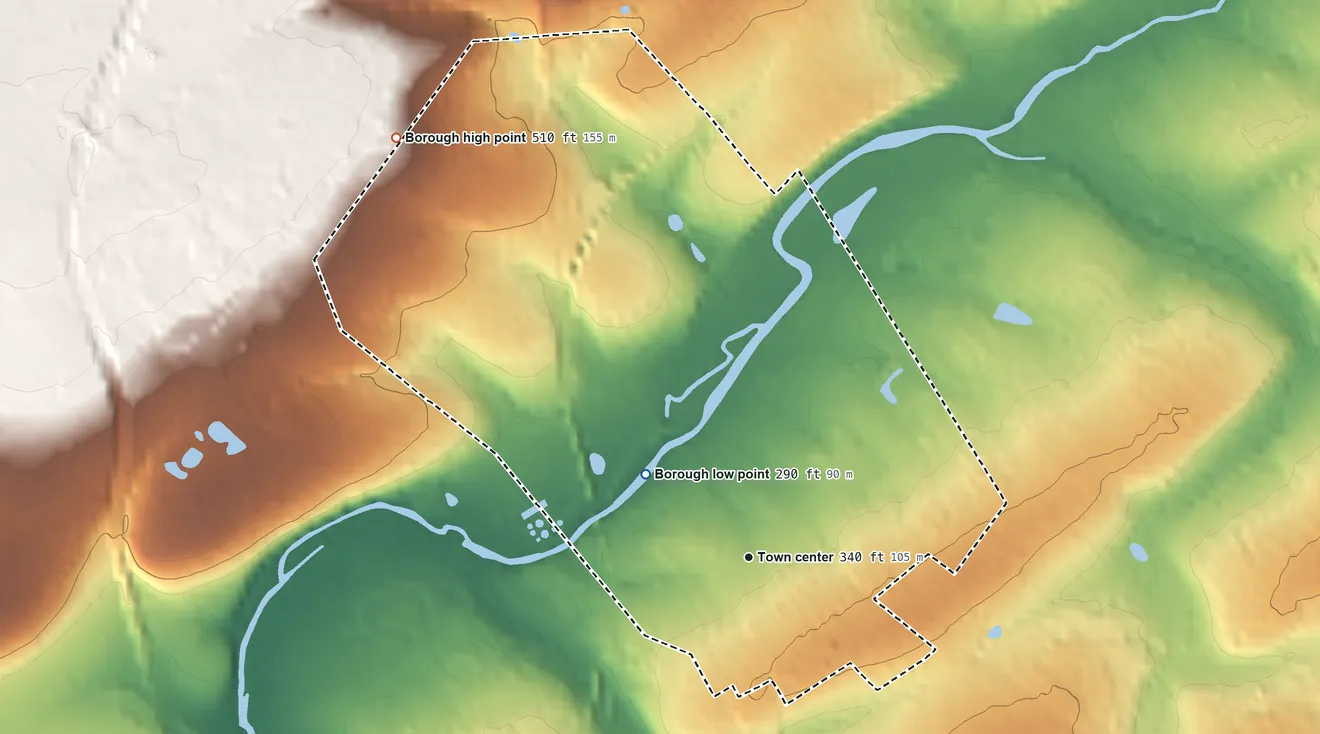 Topographic elevation map of Sellersville, Pennsylvania, shaded from 290 ft on the northwest side to 510 ft on the northwest side