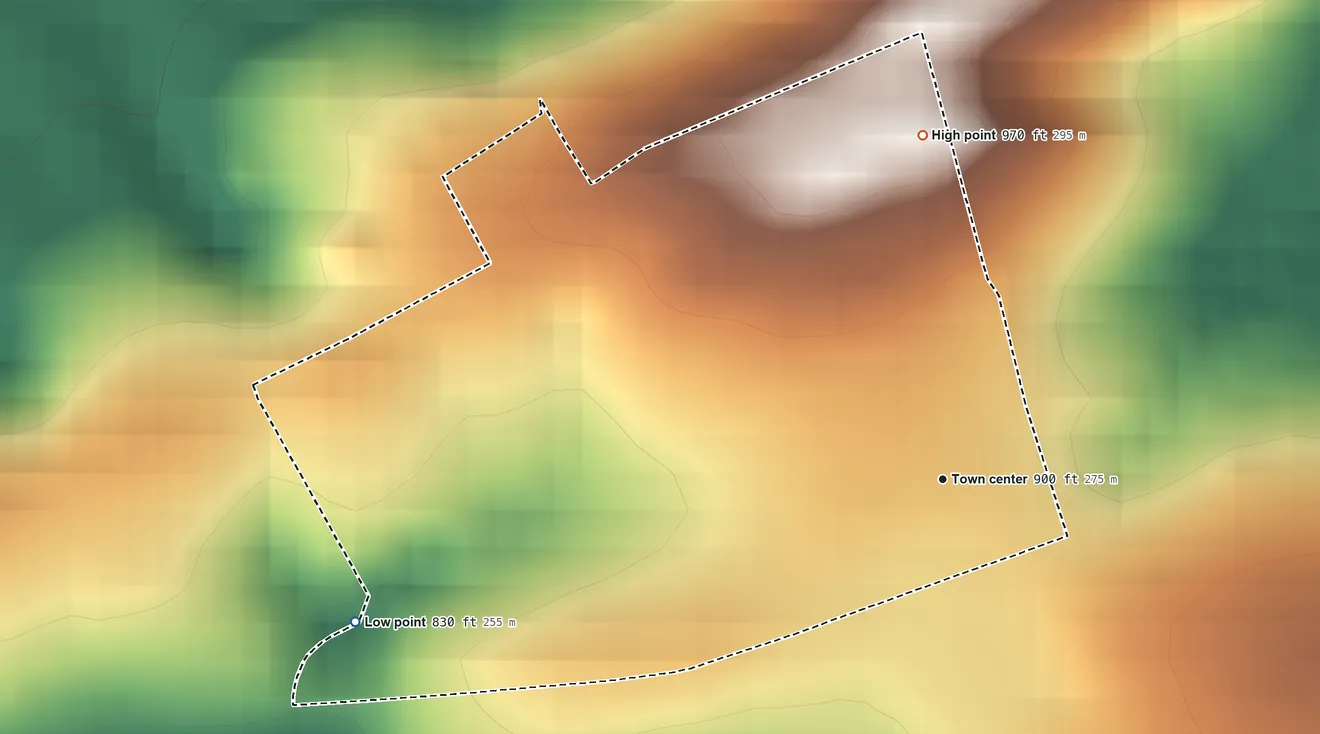 Topographic elevation map of Seltzer, Pennsylvania, shaded from 830 ft on the west side to 970 ft on the north side