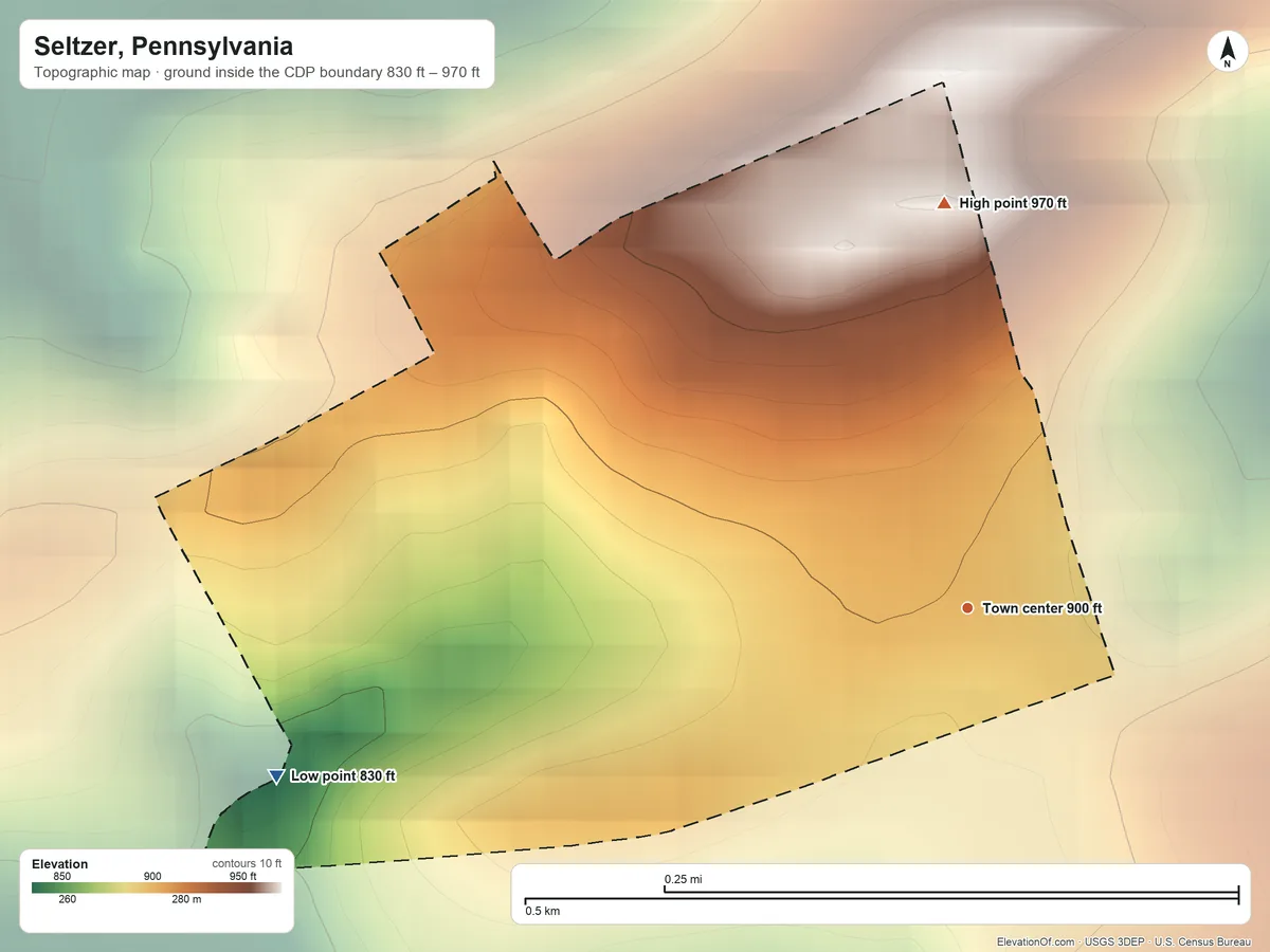 Topographic elevation map of Seltzer, Pennsylvania, shaded from 830 ft on the west side to 970 ft on the north side
