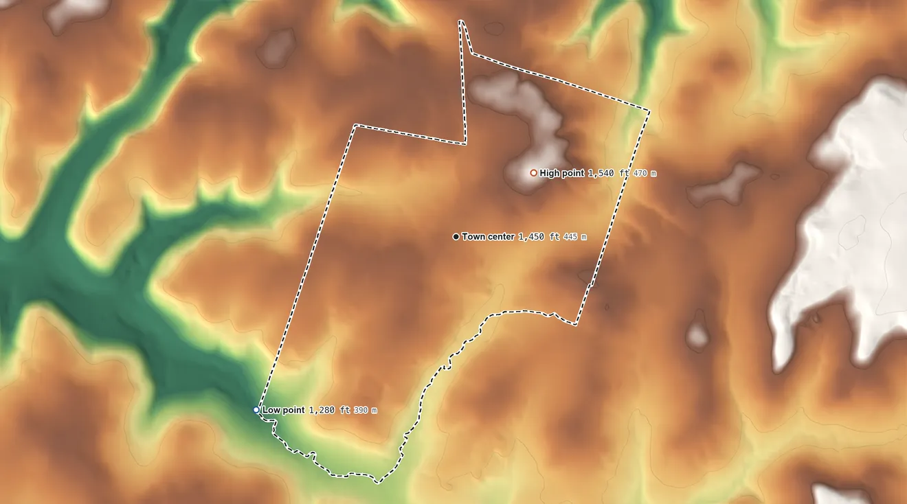 Topographic elevation map of Seneca, Pennsylvania, shaded from 1,280 ft on the southwest side to 1,540 ft on the northeast side