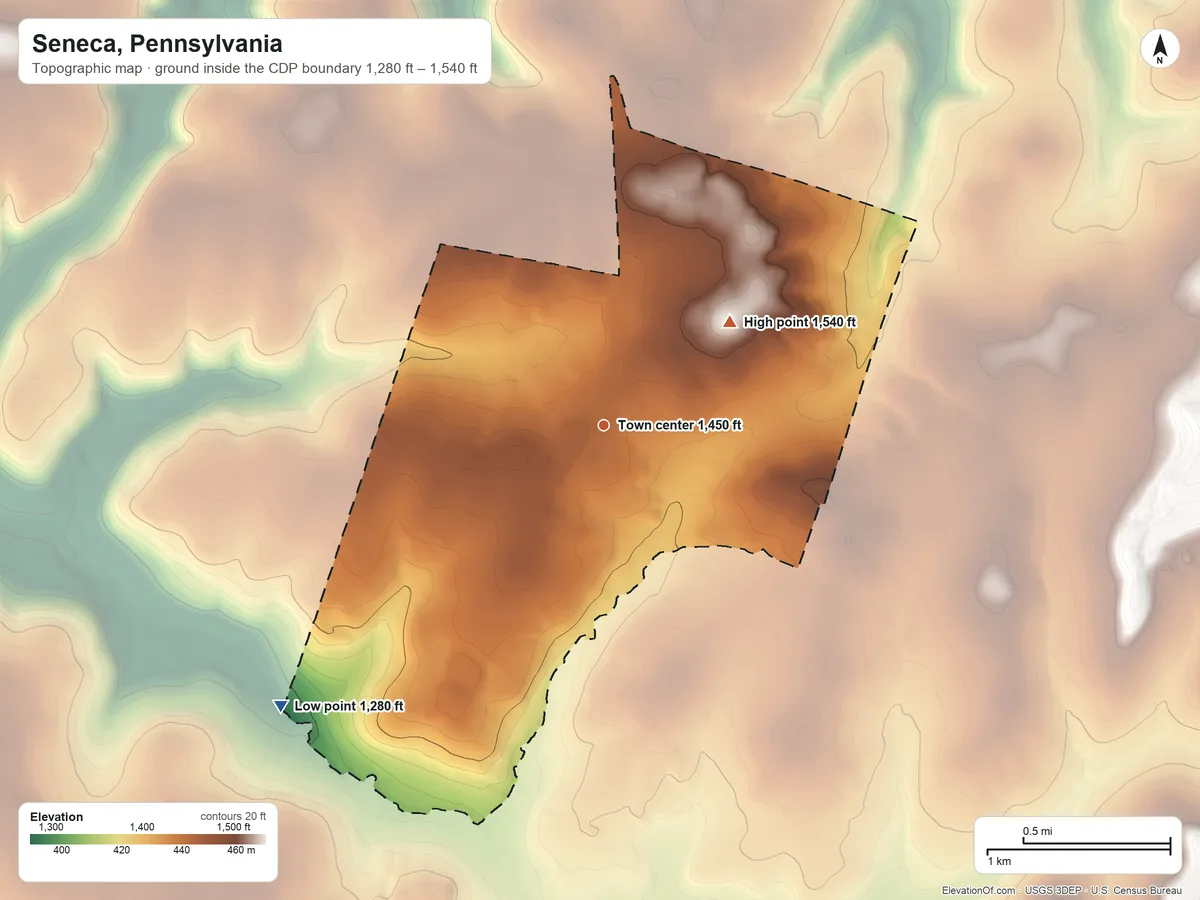 Topographic elevation map of Seneca, Pennsylvania, shaded from 1,280 ft on the southwest side to 1,540 ft on the northeast side