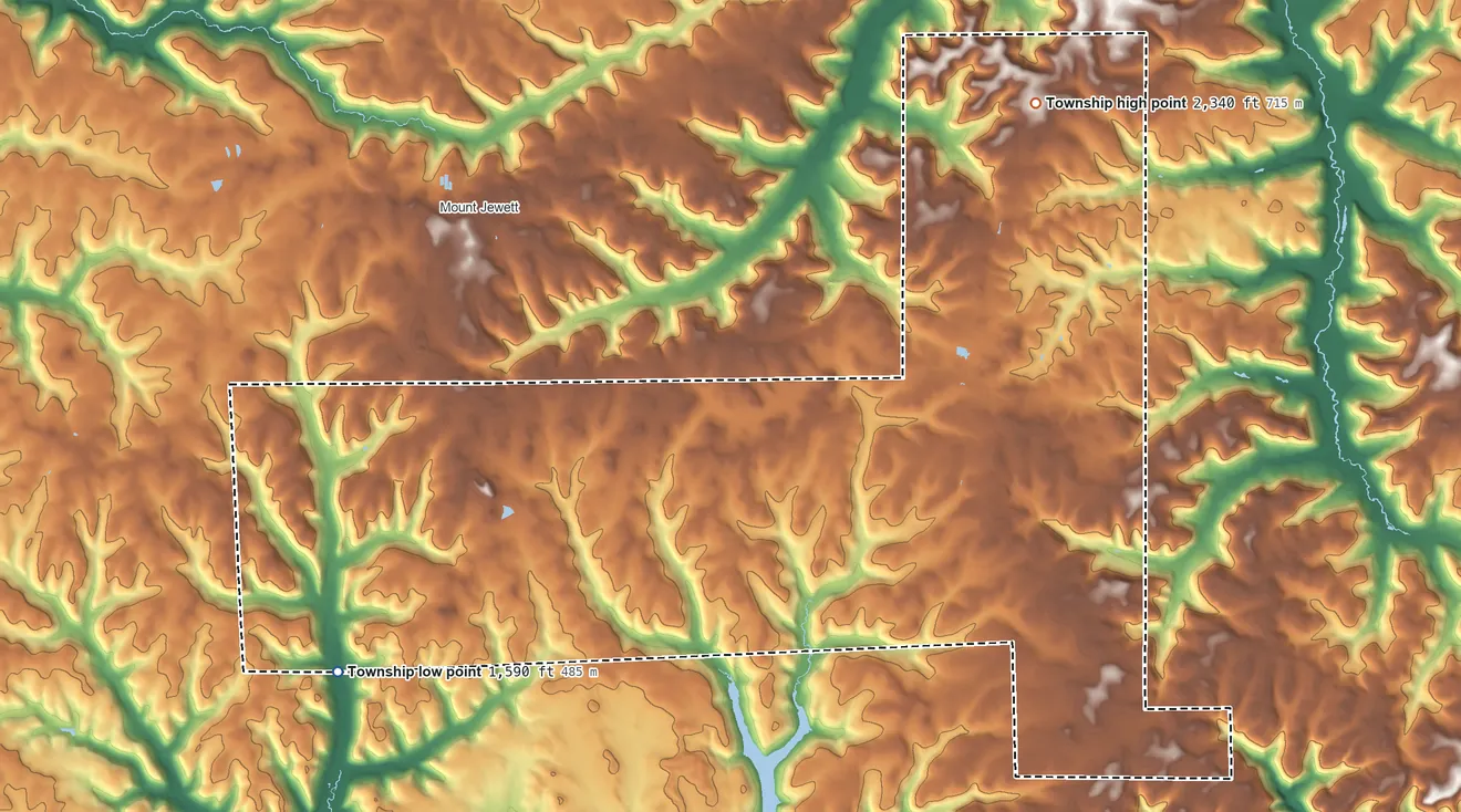Topographic elevation map of Sergeant Township, Pennsylvania, shaded from 1,590 ft on the southwest side to 2,340 ft on the north side