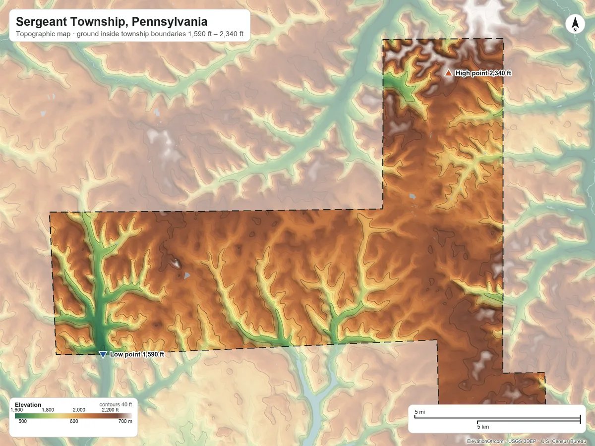 Topographic elevation map of Sergeant Township, Pennsylvania, shaded from 1,590 ft on the southwest side to 2,340 ft on the north side