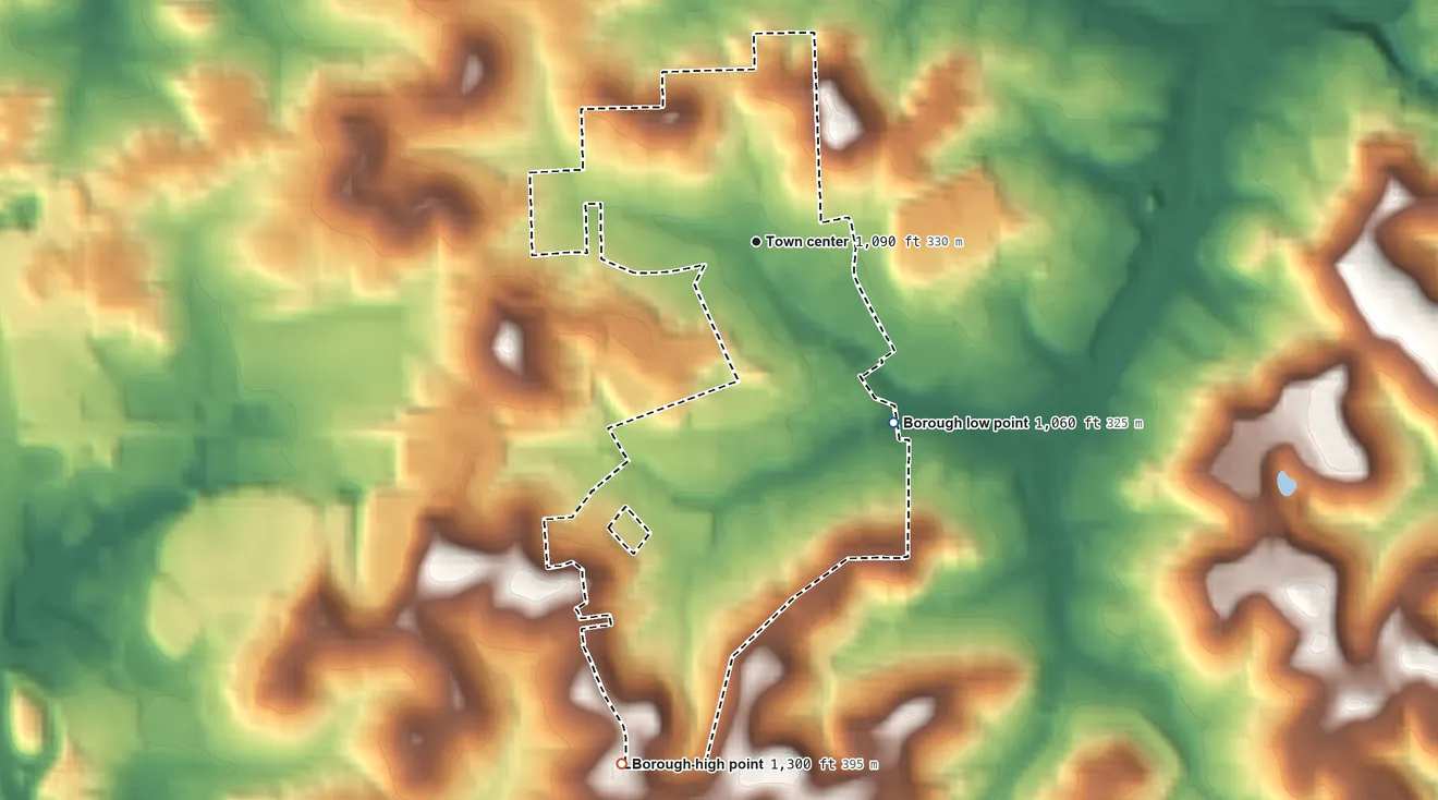Topographic elevation map of Seven Fields, Pennsylvania, shaded from 1,060 ft on the southeast side to 1,300 ft on the south side
