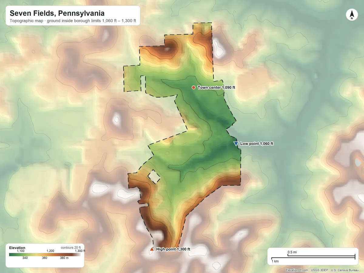 Topographic elevation map of Seven Fields, Pennsylvania, shaded from 1,060 ft on the southeast side to 1,300 ft on the south side