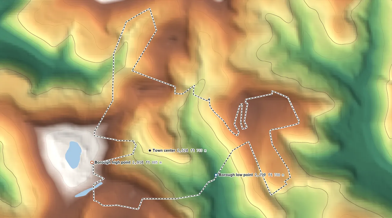 Topographic elevation map of Seven Springs, Pennsylvania, shaded from 2,290 ft on the east side to 2,910 ft on the west side
