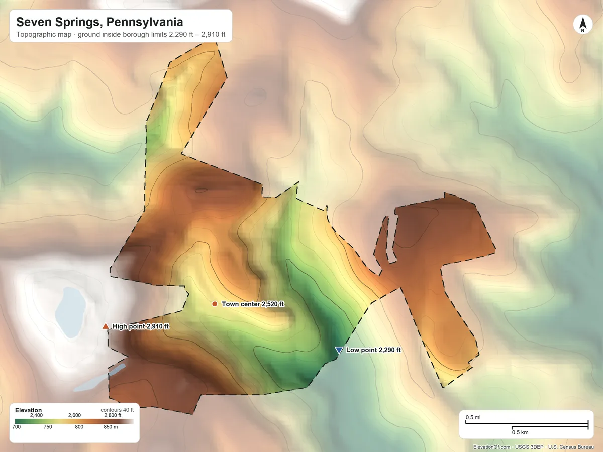 Topographic elevation map of Seven Springs, Pennsylvania, shaded from 2,290 ft on the east side to 2,910 ft on the west side