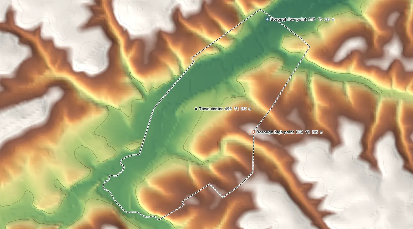 Topographic elevation map of Seven Valleys, Pennsylvania, shaded from 440 ft on the northeast side to 680 ft on the east side