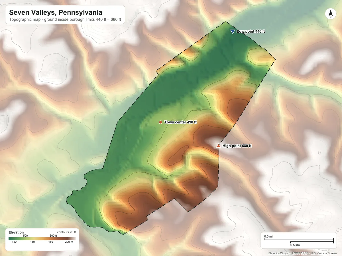 Topographic elevation map of Seven Valleys, Pennsylvania, shaded from 440 ft on the northeast side to 680 ft on the east side