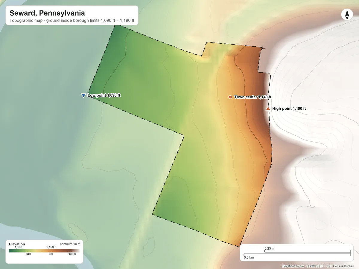 Topographic elevation map of Seward, Pennsylvania, shaded from 1,090 ft on the west side to 1,190 ft at the foot of the Laurel Hill