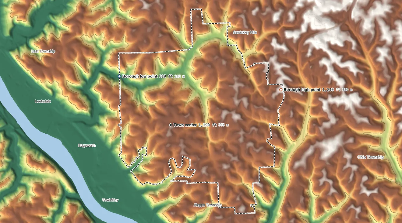 Topographic elevation map of Sewickley Heights, Pennsylvania, shaded from 810 ft on the northwest side to 1,240 ft on the east side