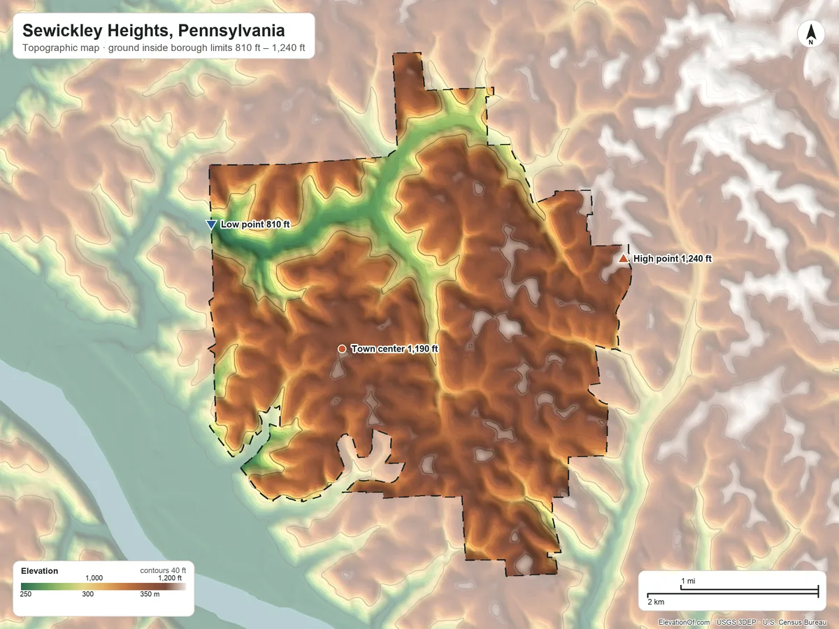Topographic elevation map of Sewickley Heights, Pennsylvania, shaded from 810 ft on the northwest side to 1,240 ft on the east side