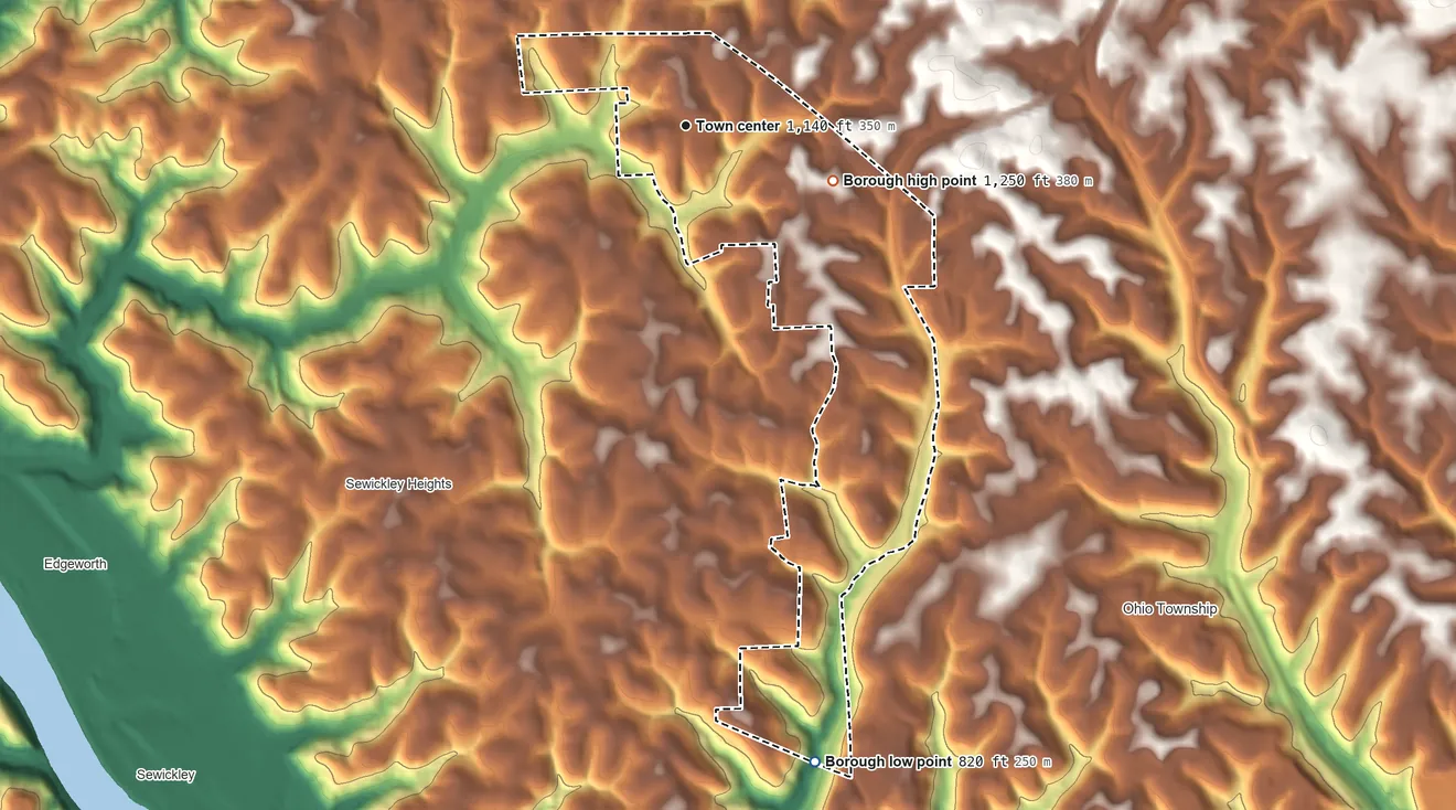 Topographic elevation map of Sewickley Hills, Pennsylvania, shaded from 820 ft on the south side to 1,250 ft on the east side