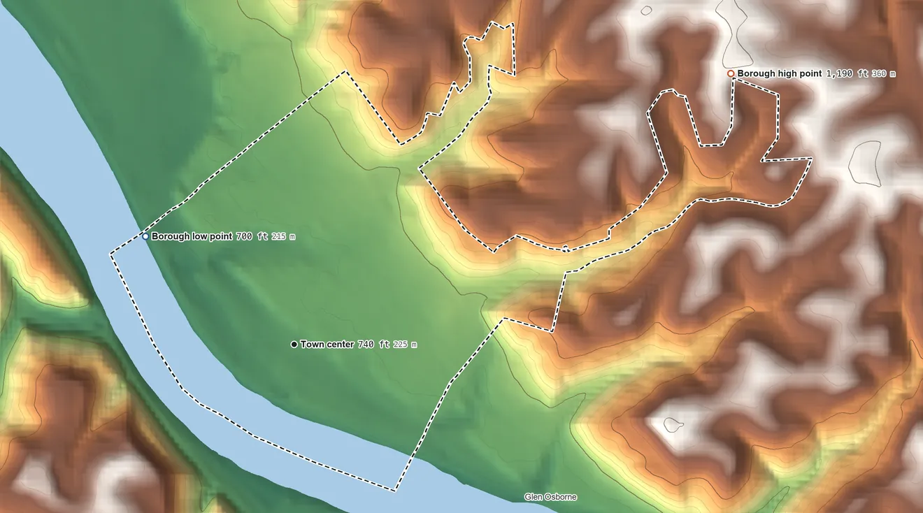 Topographic elevation map of Sewickley, Pennsylvania, shaded from 700 ft on the northwest side to 1,190 ft on the northeast side