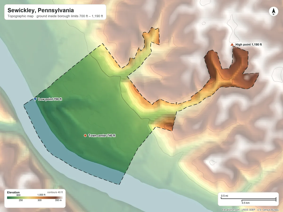 Topographic elevation map of Sewickley, Pennsylvania, shaded from 700 ft on the northwest side to 1,190 ft on the northeast side