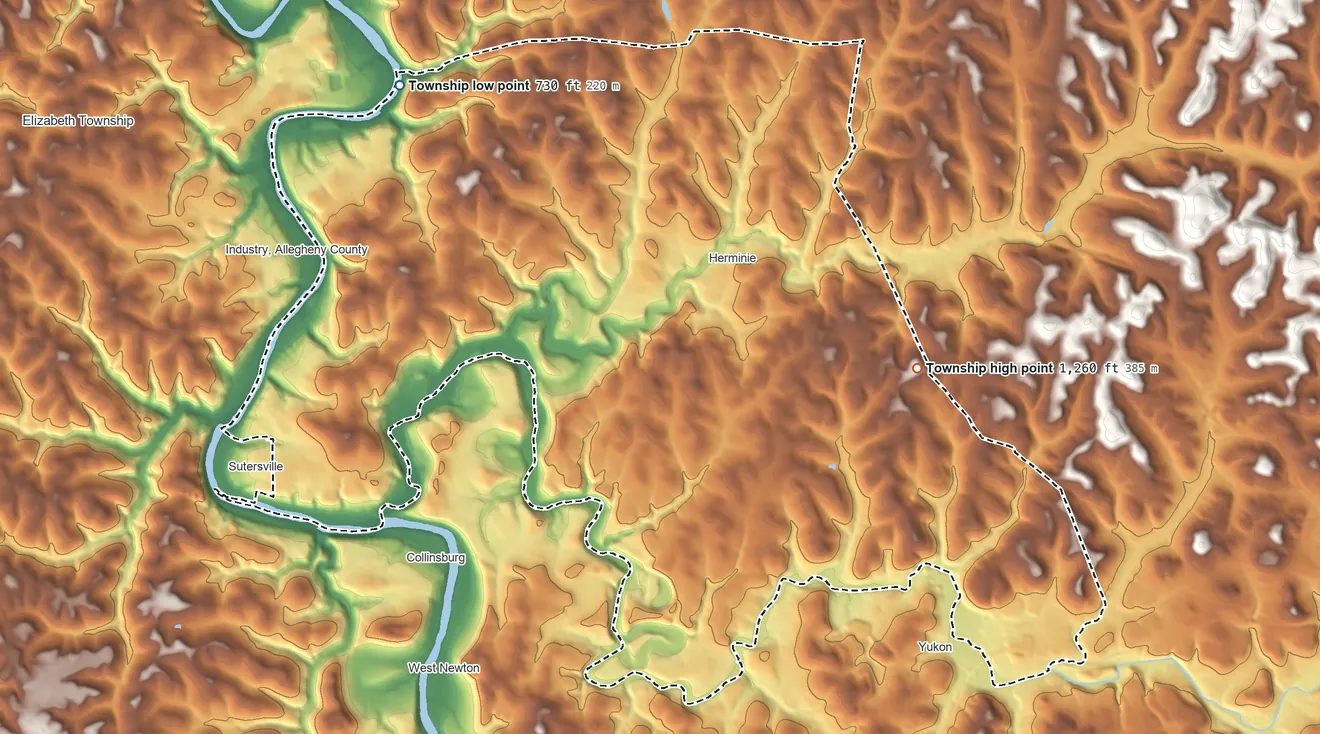 Topographic elevation map of Sewickley Township, Pennsylvania, shaded from 730 ft on the northwest side to 1,260 ft on the east side