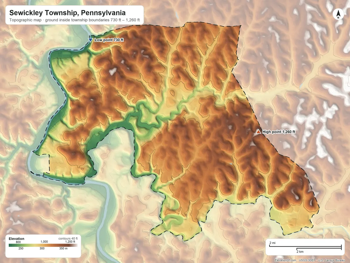 Topographic elevation map of Sewickley Township, Pennsylvania, shaded from 730 ft on the northwest side to 1,260 ft on the east side