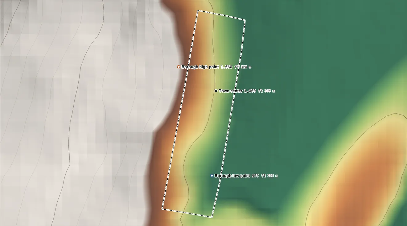 Topographic elevation map of Shade Gap, Pennsylvania, shaded from 970 ft on the south side to 1,060 ft at the foot of the Kittatinny Mountain