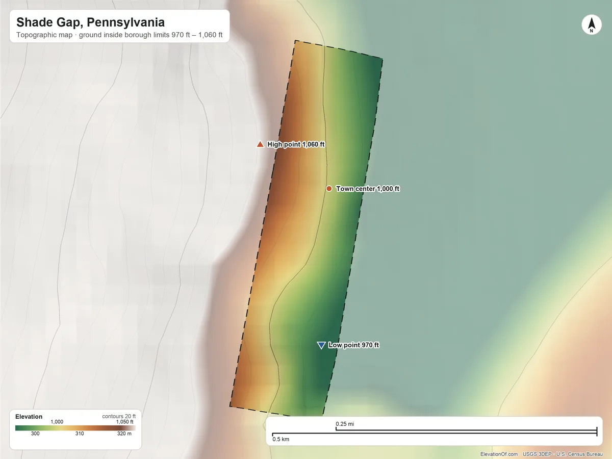 Topographic elevation map of Shade Gap, Pennsylvania, shaded from 970 ft on the south side to 1,060 ft at the foot of the Kittatinny Mountain