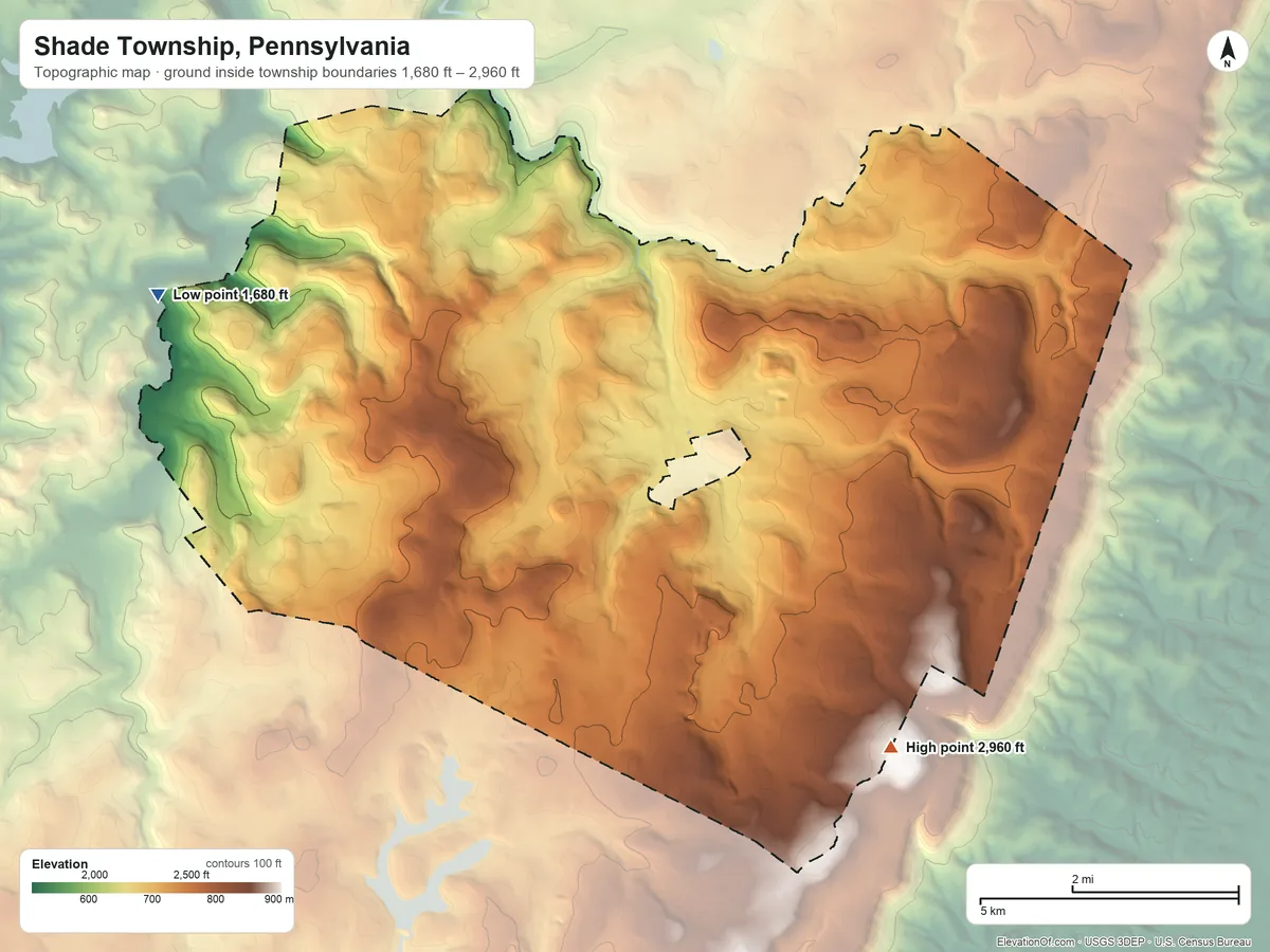 Topographic elevation map of Shade Township, Pennsylvania, shaded from 1,680 ft on the west side to 2,960 ft on the southeast side