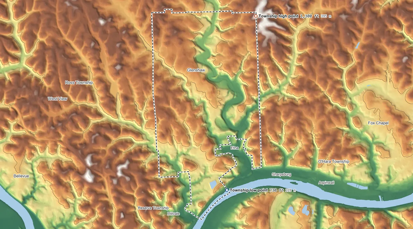 Topographic elevation map of Shaler Township, Pennsylvania, shaded from 730 ft on the south side to 1,300 ft on the northeast side