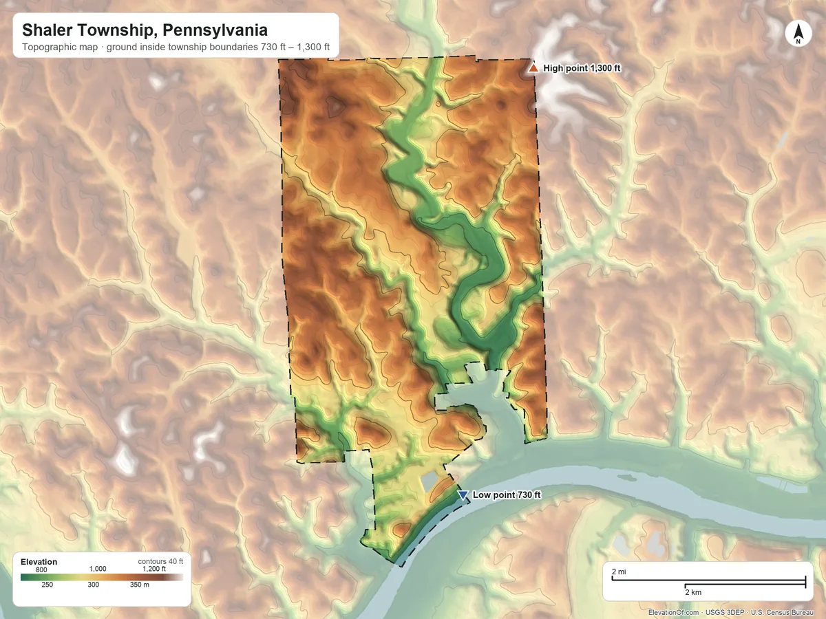 Topographic elevation map of Shaler Township, Pennsylvania, shaded from 730 ft on the south side to 1,300 ft on the northeast side