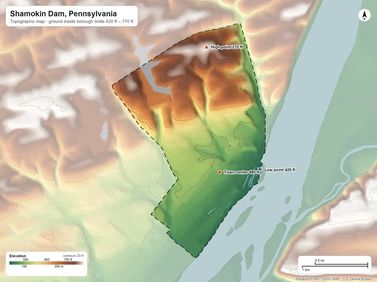 Topographic elevation map of Shamokin Dam, Pennsylvania, shaded from 420 ft on the east side to 770 ft on the north side