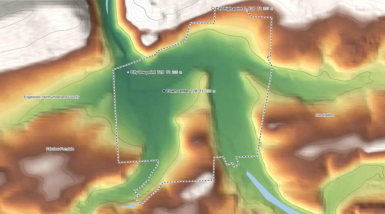 Topographic elevation map of Shamokin, Pennsylvania, shaded from 710 ft on the northwest side to 1,030 ft at the foot of the Little Mountain