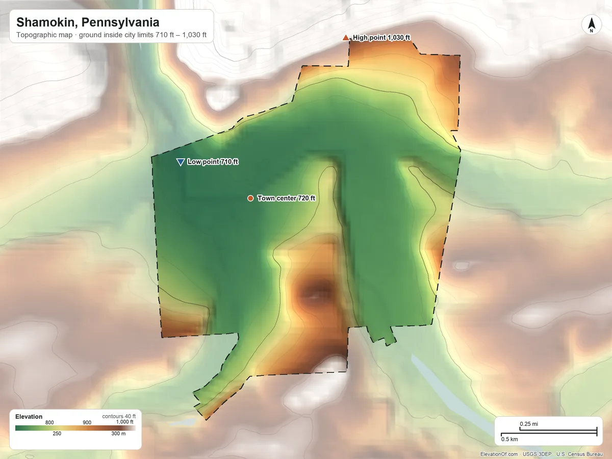 Topographic elevation map of Shamokin, Pennsylvania, shaded from 710 ft on the northwest side to 1,030 ft at the foot of the Little Mountain