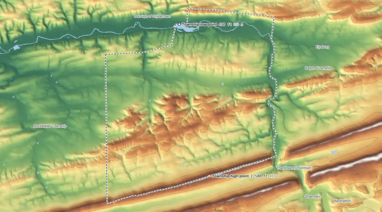 Topographic elevation map of Shamokin Township, Pennsylvania, shaded from 490 ft on the north side to 1,500 ft on the south side