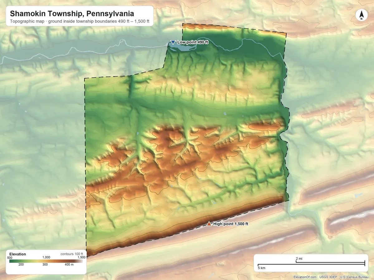 Topographic elevation map of Shamokin Township, Pennsylvania, shaded from 490 ft on the north side to 1,500 ft on the south side