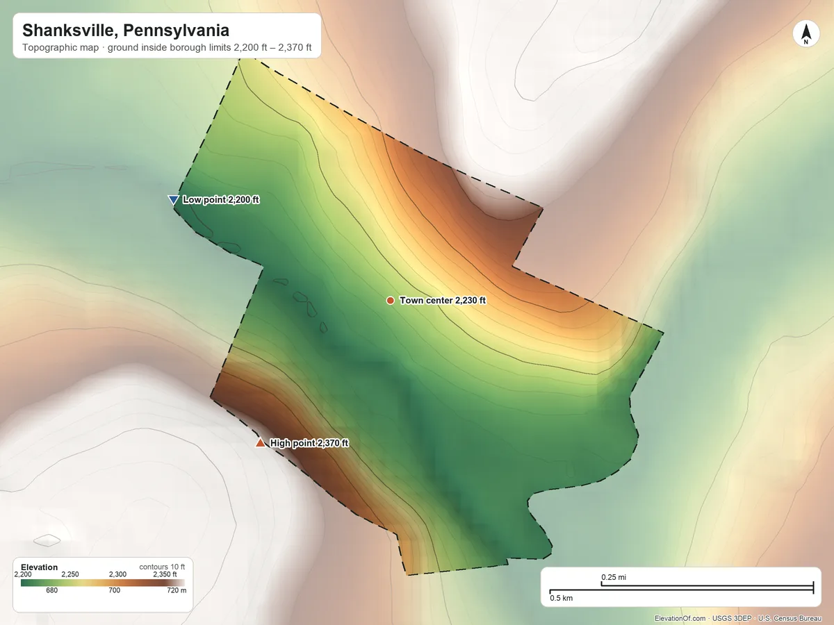 Topographic elevation map of Shanksville, Pennsylvania, shaded from 2,200 ft on the northwest side to 2,370 ft on the southwest side