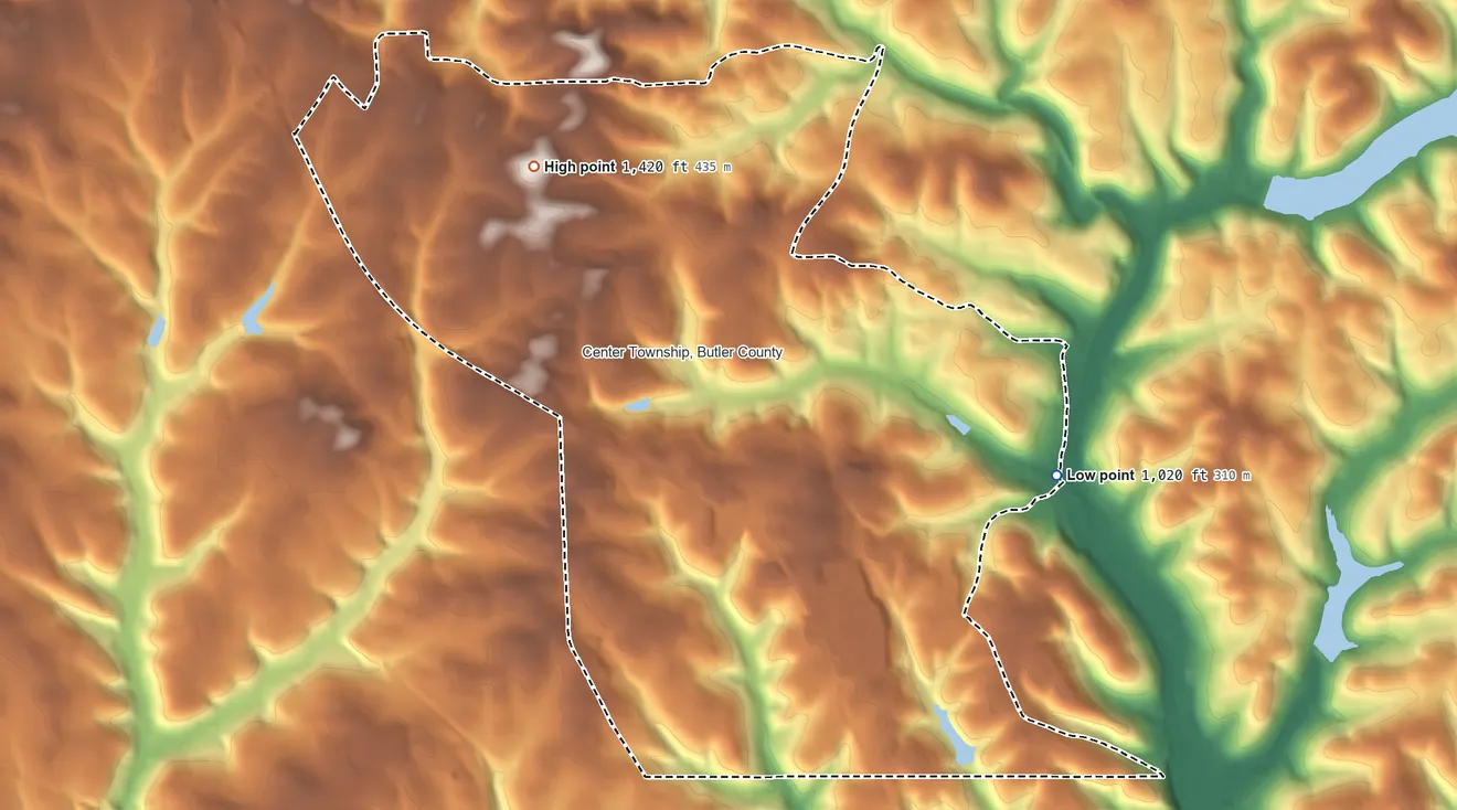 Topographic elevation map of Shanor-Northvue, Pennsylvania, shaded from 1,020 ft on the east side to 1,420 ft on the northwest side
