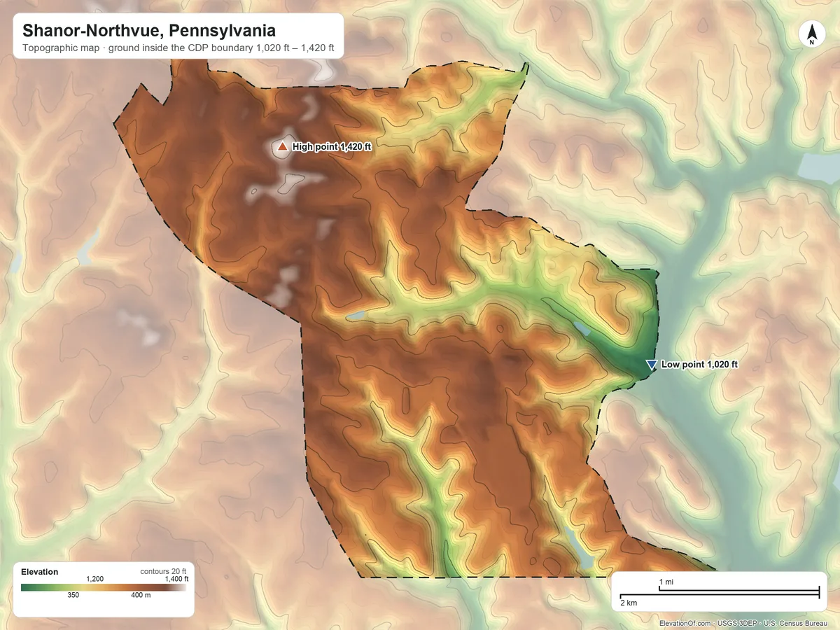 Topographic elevation map of Shanor-Northvue, Pennsylvania, shaded from 1,020 ft on the east side to 1,420 ft on the northwest side