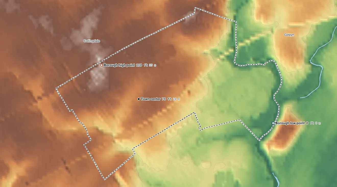 Topographic elevation map of Sharon Hill, Pennsylvania, shaded from 0 ft on the east side to 110 ft on the northwest side